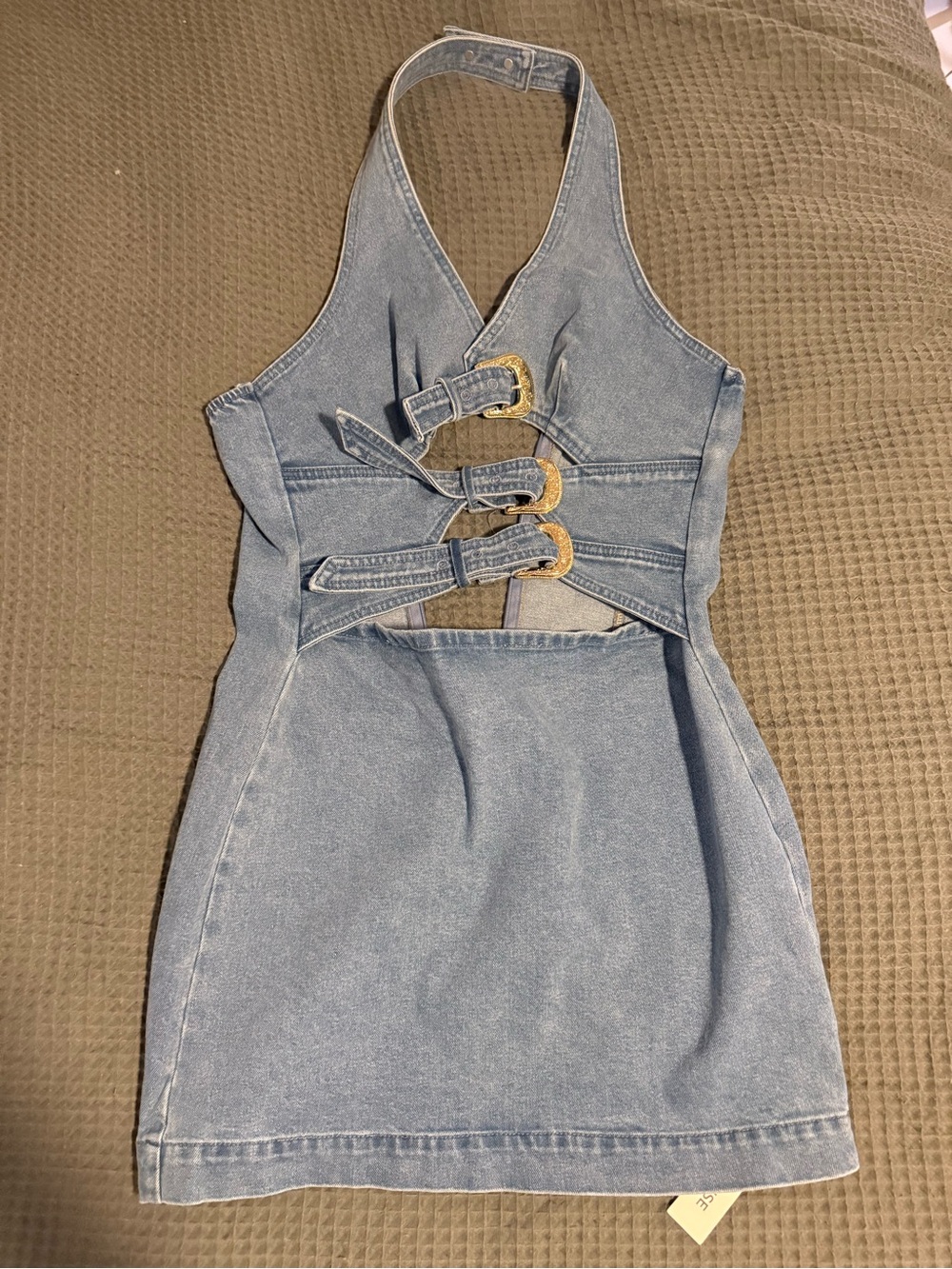 Commense Denim Halter Mini Dress with Gold Buckle Accents